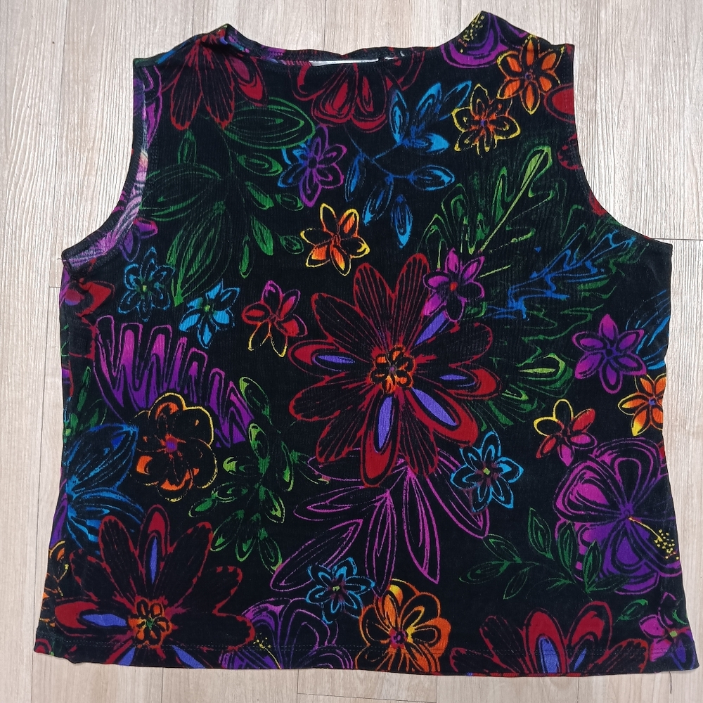 SOLD Vintage 90s Laura Ashley Vibrant Floral Contrast Sleeveless Top Sz L - Picture 1 of 4